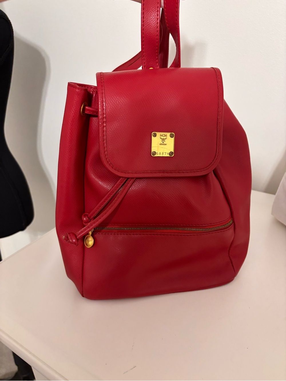 Vintage MCM München Red Leather Small Backpack Drawstring Flap Gold Hardware